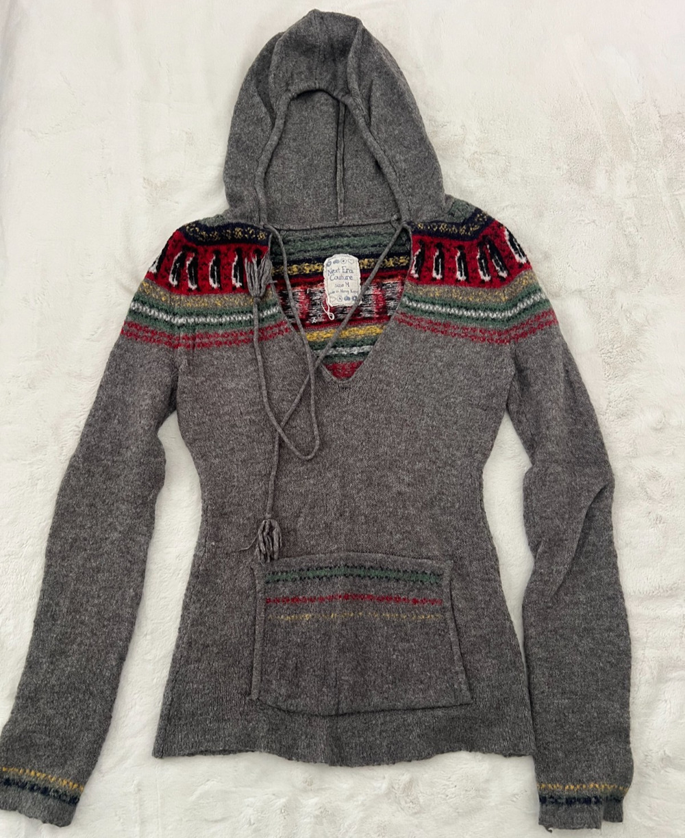 Next Era Couture Women's Gray Hooded Sweater Size M Fair Isle Knit Drawstring
